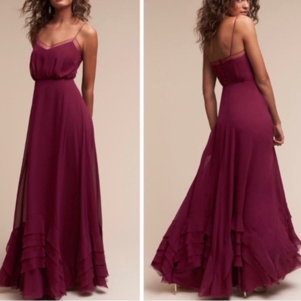 Watters Dove maxi Dress women 0 Elegant Burgundy gown event wedding ruffle hem